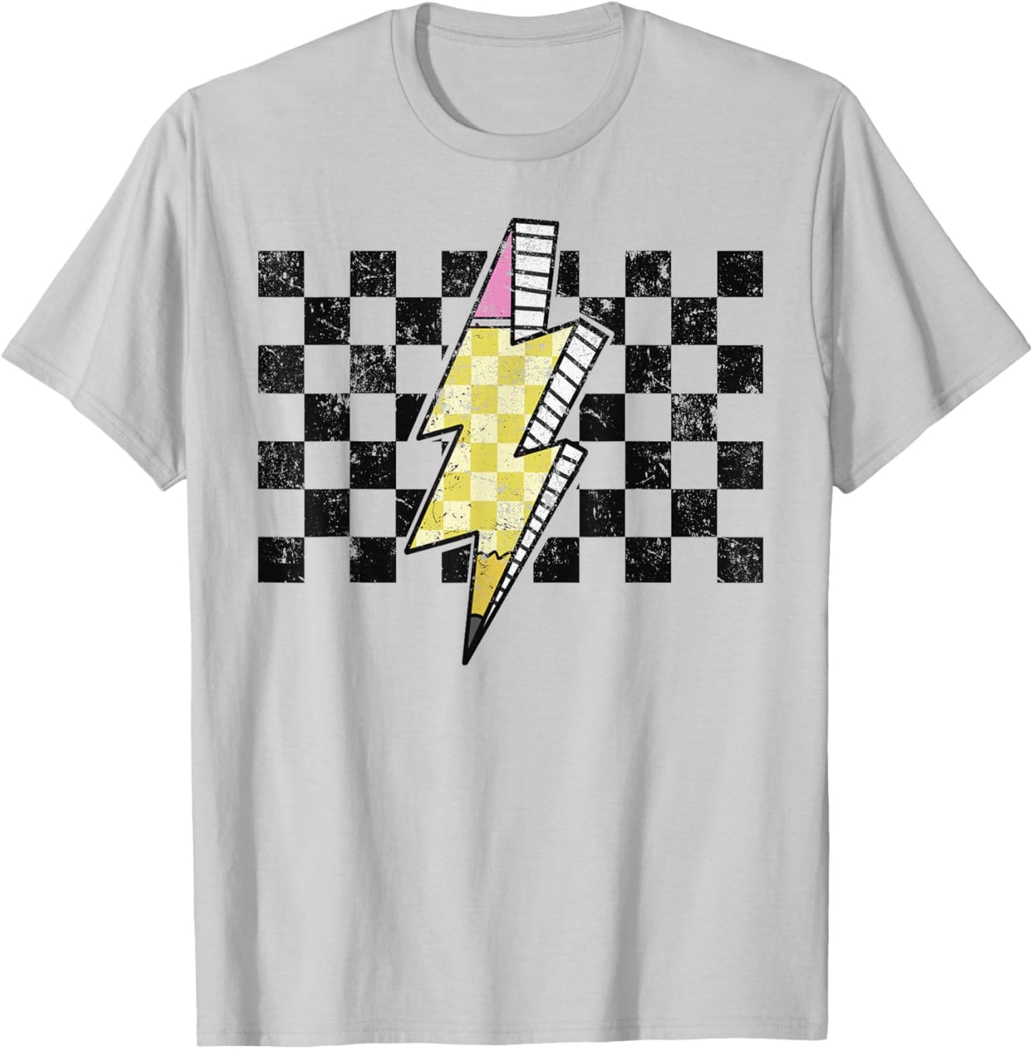 Retro Black And White Checkered Pattern Pencil T-Shirt - T-Shirt | Ash