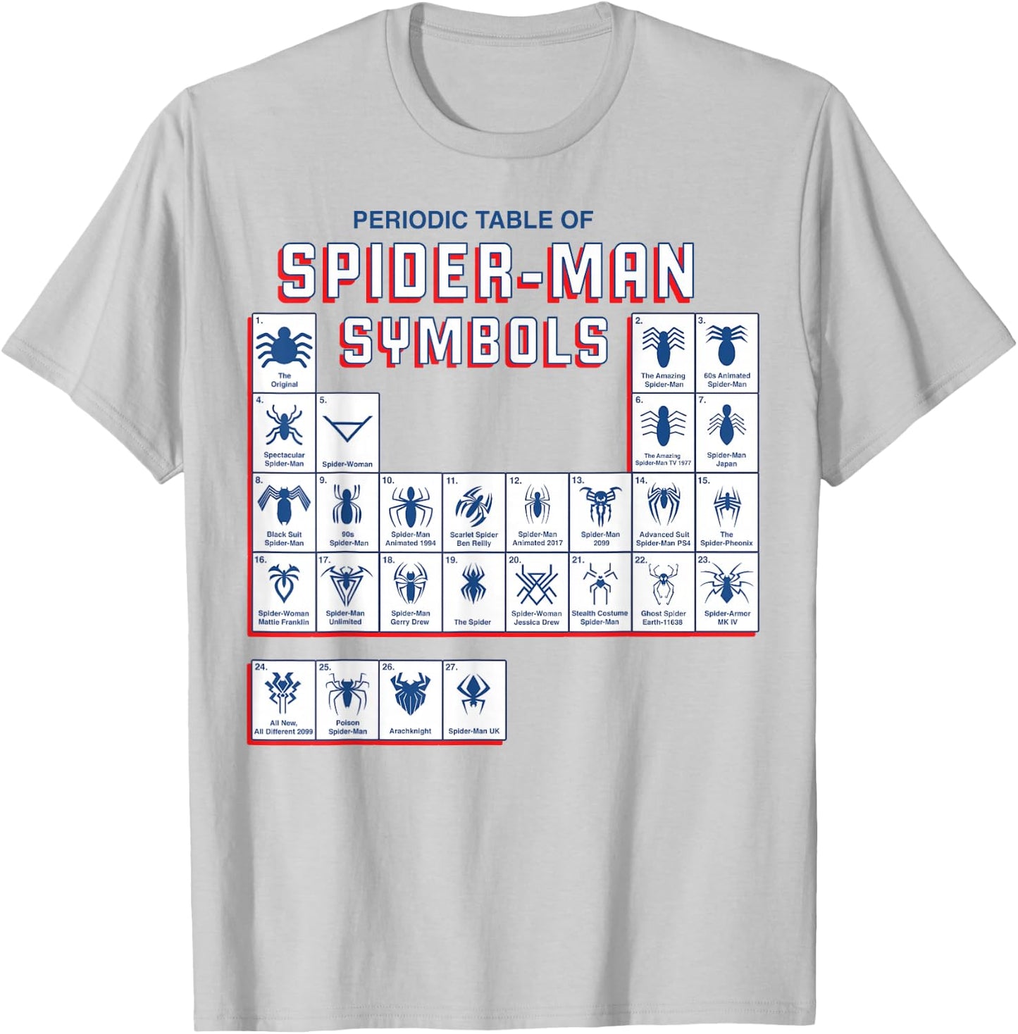 Marvel Spider-Man Periodic Table Of Spider-Man Symbols T-Shirt - T-Shirt | Ash