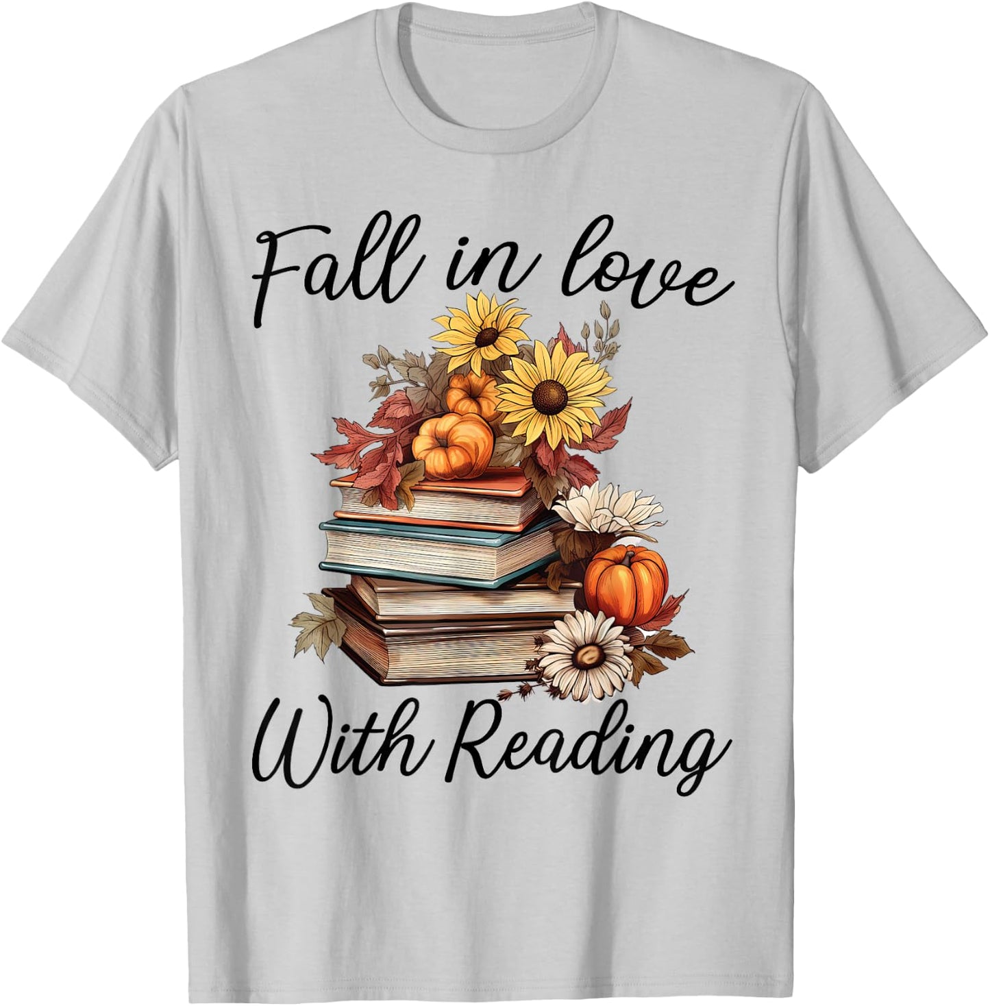 Fall In Love With Reading Book Autumn Teachers Pumpkins T-Shirt - T-Shirt | Ash