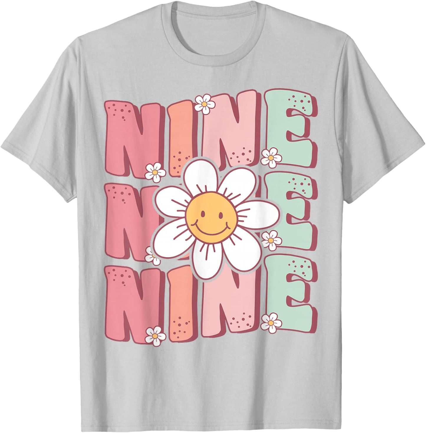 Cute Groovy 9th Birthday Party Daisy Flower Nine Year Old T-Shirt - T-Shirt | Ash