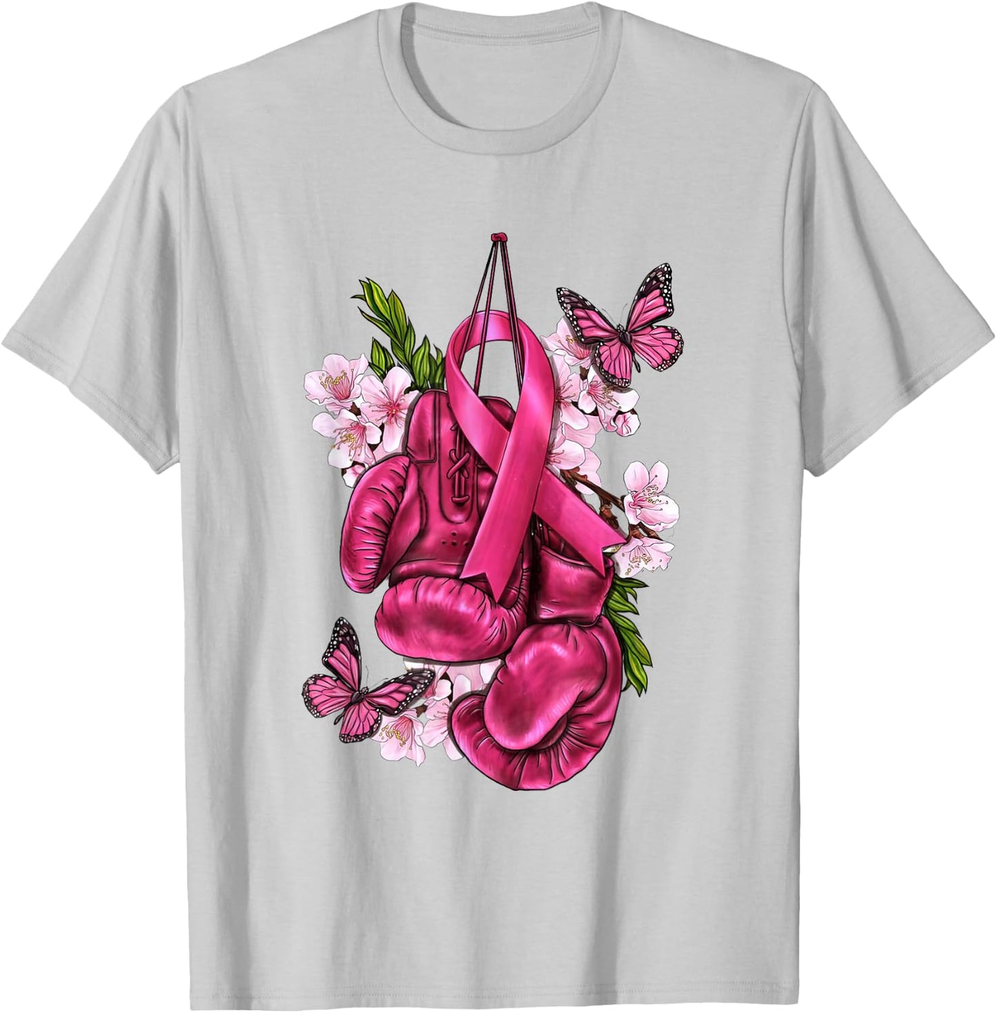 Fight Breast Cancer Awareness Pink Boxing Gloves Pink Ribbon T-Shirt - T-Shirt | Ash