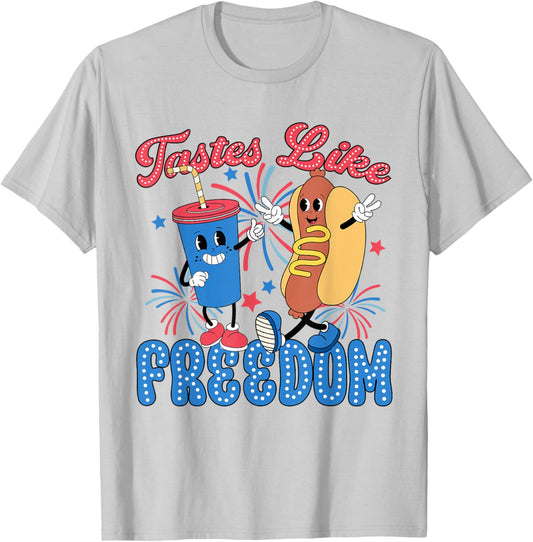 Retro Tastes Like Freedom July 4th US America Hotdog Women Kids Men T-Shirt - T-Shirt | Ash