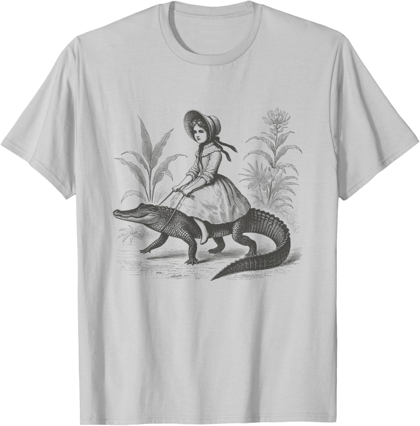 Girl Riding Alligator Vintage Weird Art Ladies Men T-Shirt - T-Shirt | Ash