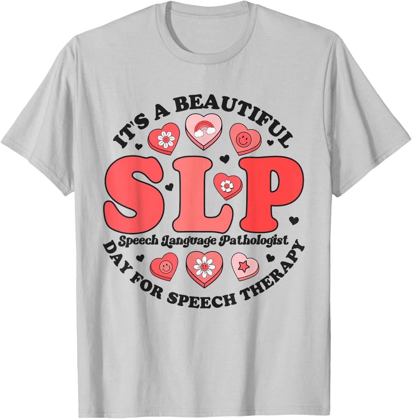 SLP Speech Therapy Pathologist Crew Groovy Valentines Hearts T-Shirt - T-Shirt | Ash