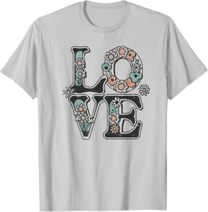 LOVE in Vintage Retro Style Graphic with Flowers T-Shirt - T-Shirt | Ash