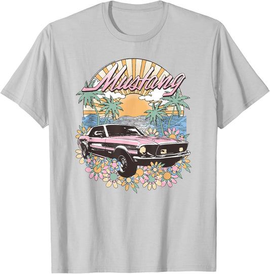 Ford - Vintage Pink Mustang Floral Beach Sunset Palm Trees Women Girls Kids T-Shirt - T-Shirt | Ash