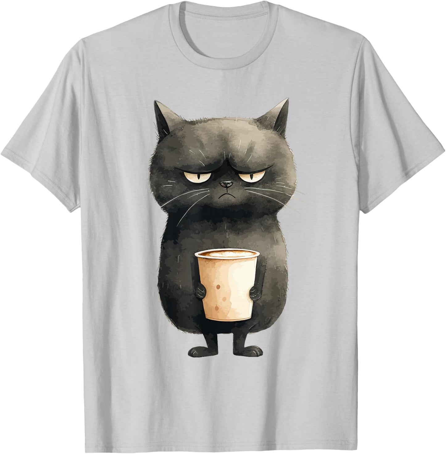 Grumpy Black Cat with Latte Coffee T-Shirt - T-Shirt | Ash