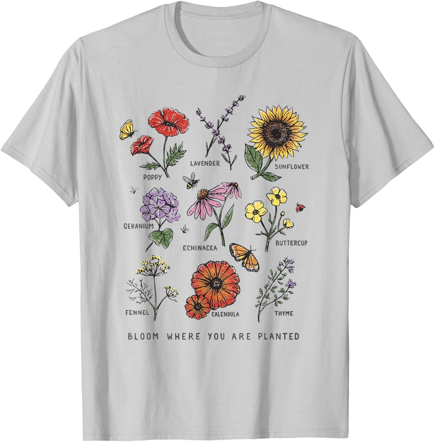 Garden Life Gift Bloom Where You Are Planted Botanican Flowers Adult Blue Small Modern Classic Floral Short Sleeve T-Shirt - T-Shirt | Ash