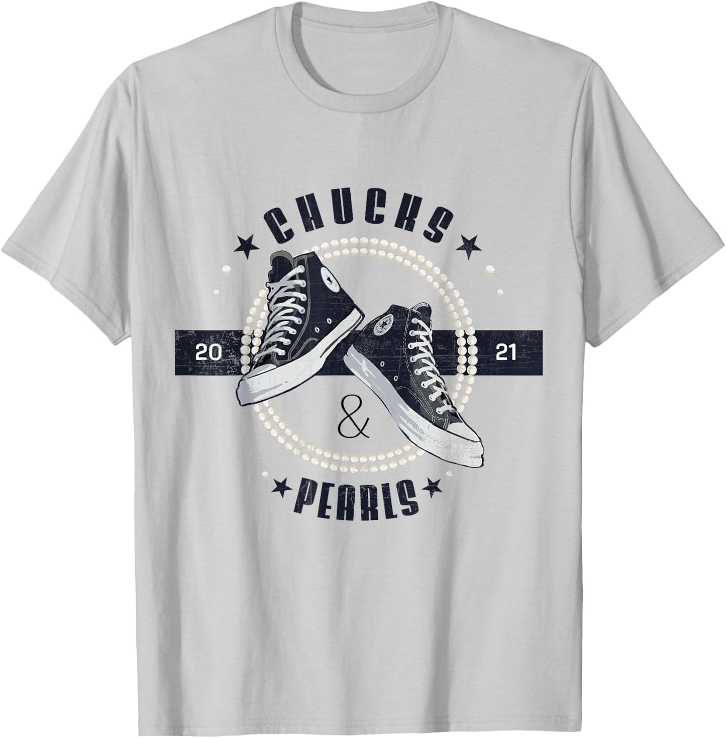 Chucks and Pearls 2021 Circle Retro Vintage Gift T-Shirt - T-Shirt | Ash