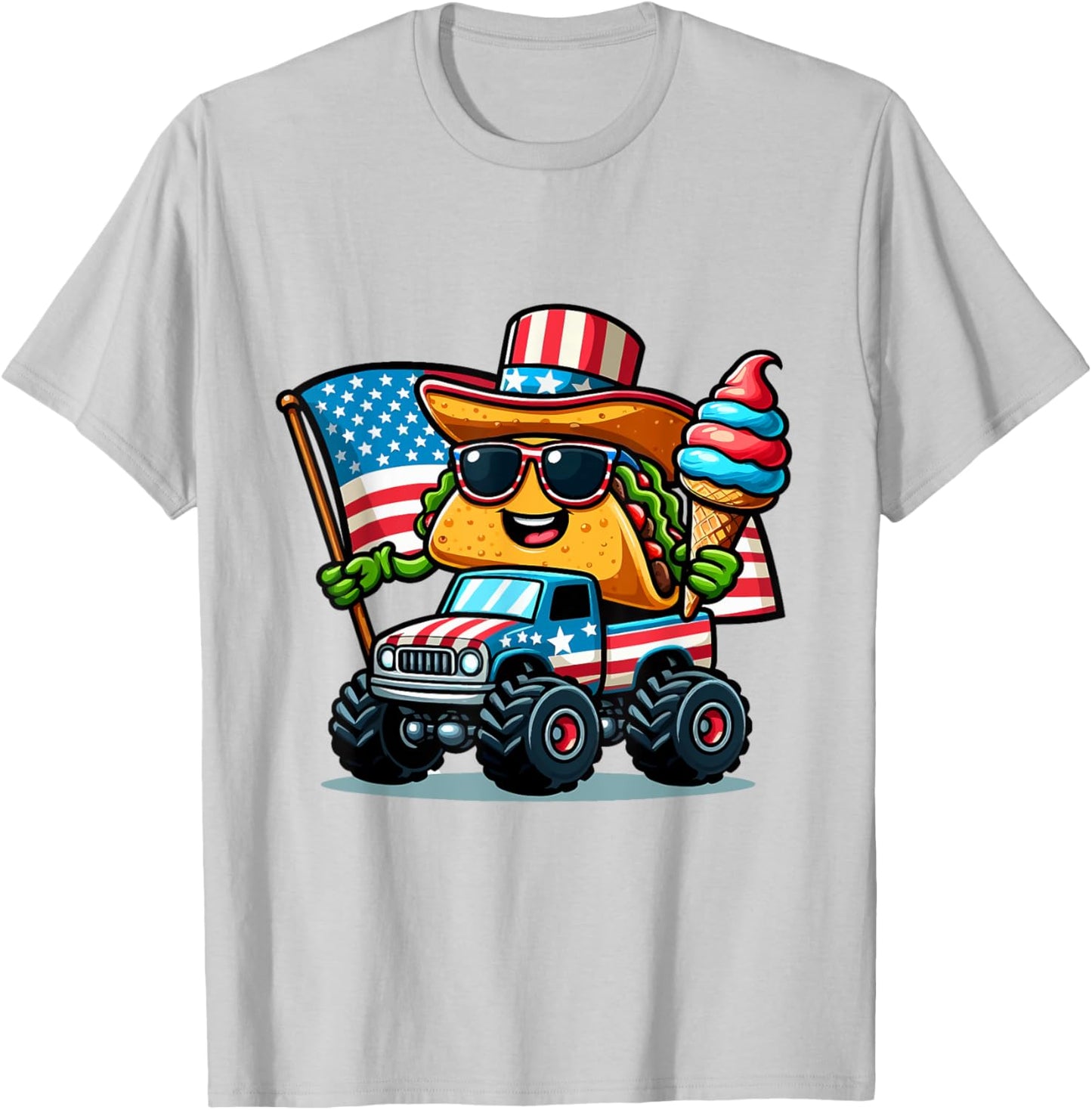 Funny Taco Riding Monster Truck holding ice cream 4 of July T-Shirt - T-Shirt | Ash