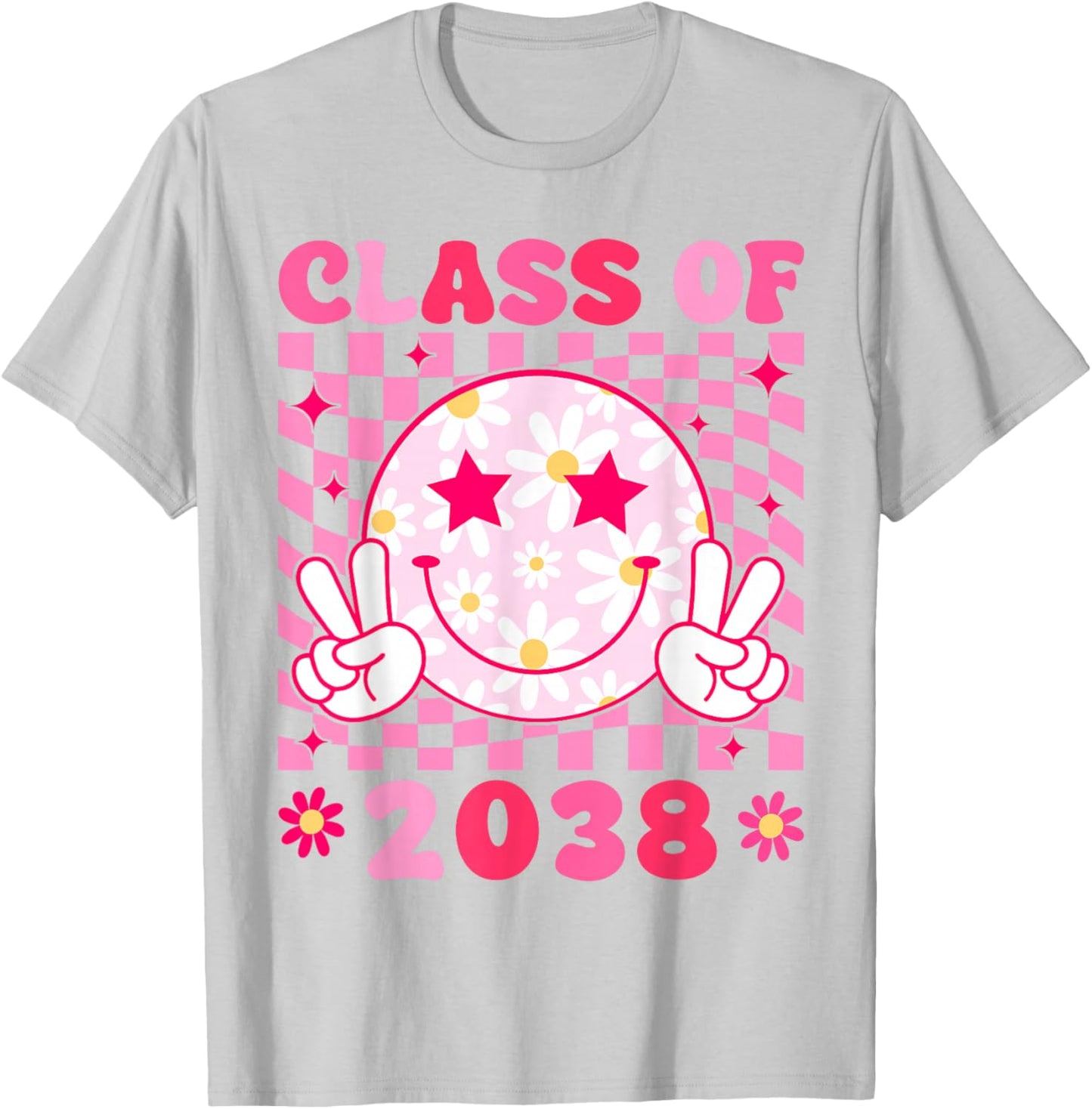 Groovy Class of 2038 Grow With Me Smile Face Back To School T-Shirt - T-Shirt | Ash