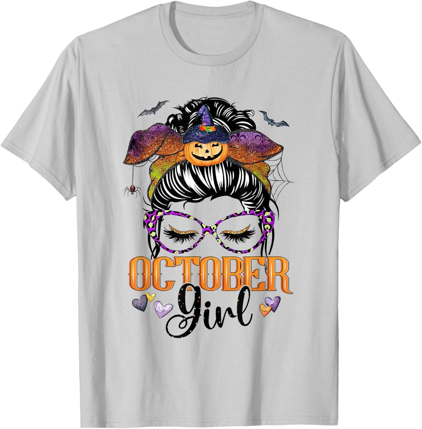 October Girl Halloween Messy Bun Lady Hair Glasses Bandana T-Shirt - T-Shirt | Ash