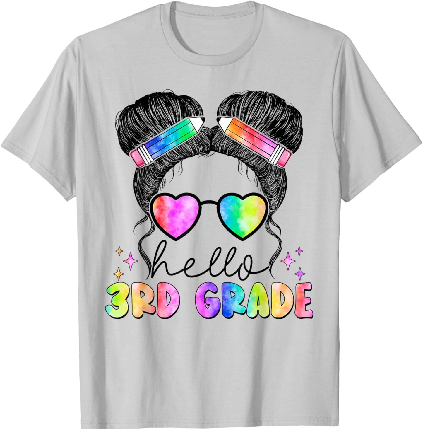 Messy Hair Bun Girl Back To School First Day Hello 3rd Grade T-Shirt - T-Shirt | Ash