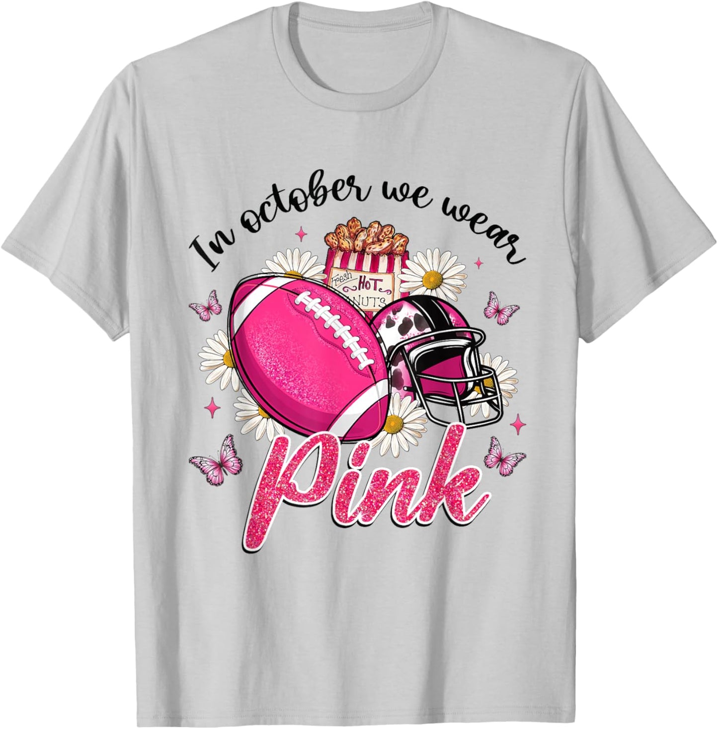 In October We Wear Pink Football Butterfly Breast Cancer T-Shirt - T-Shirt | Ash