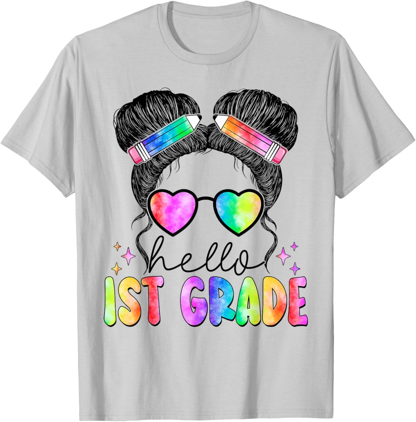 Messy Hair Bun Girl Back To School First Day Hello 1st Grade T-Shirt - T-Shirt | Ash