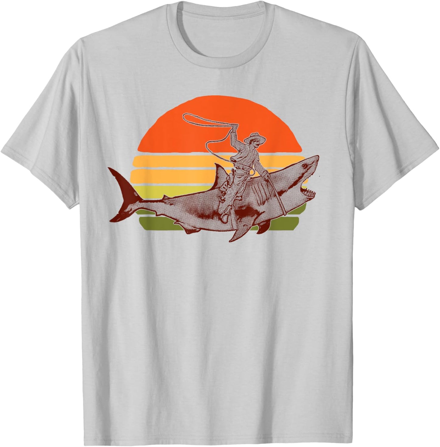 Shark Lover Rodeo Cowboy Riding Great White Vintage Funny T-Shirt - T-Shirt | Ash