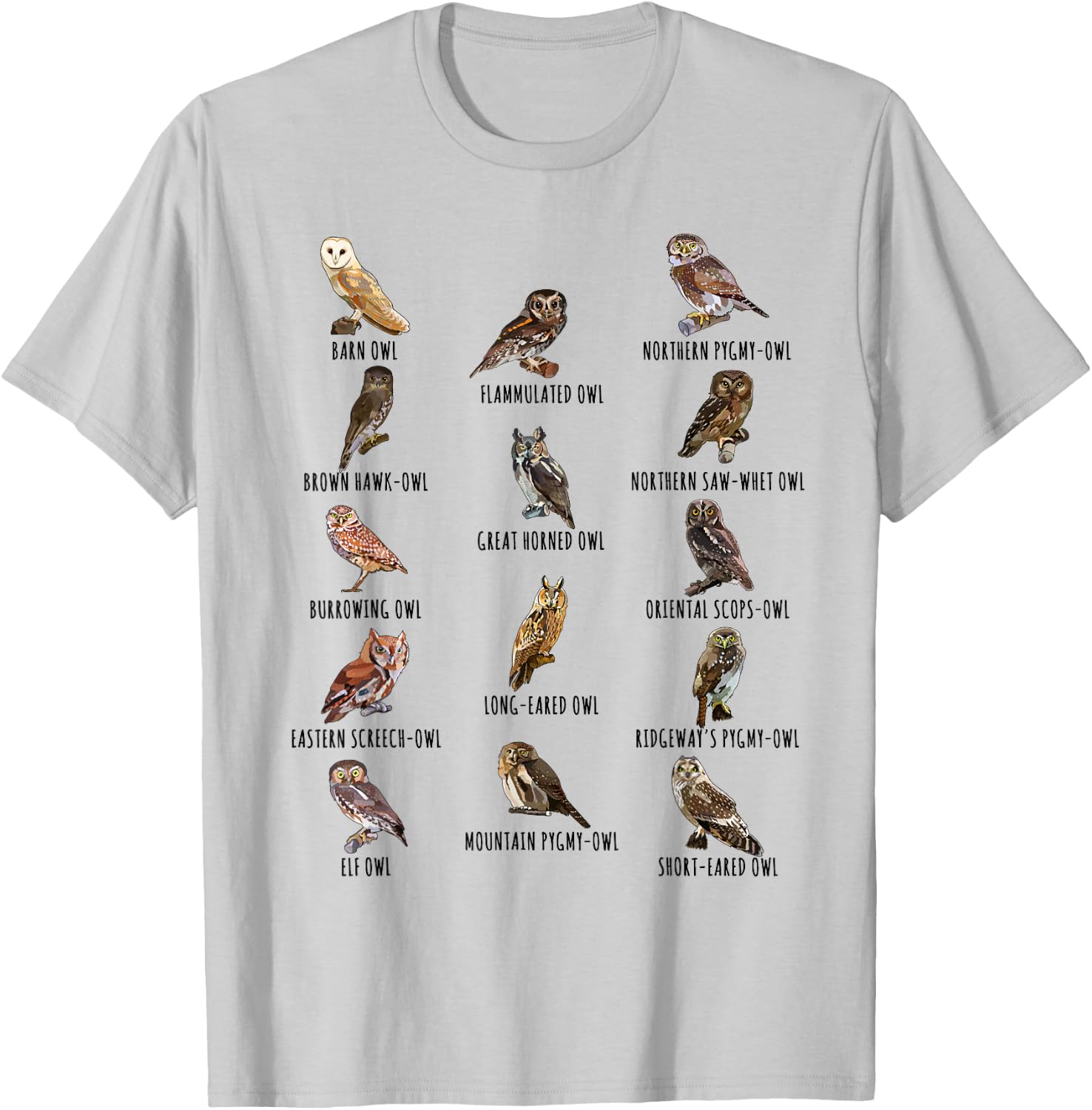 Different Owls Species Biology Types of Owl Identification T-Shirt - T-Shirt | Ash