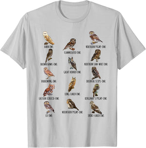 Different Owls Species Biology Types of Owl Identification T-Shirt - T-Shirt | Ash