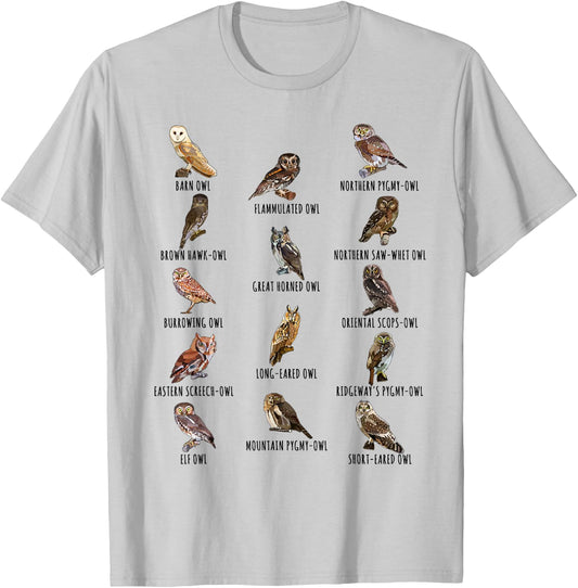 Different Owls Species Biology Types of Owl Identification T-Shirt - T-Shirt | Ash