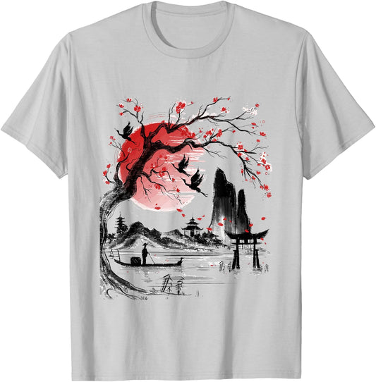 Japanese Tree Red Moon With Birds Flying in background T-Shirt - T-Shirt | Ash