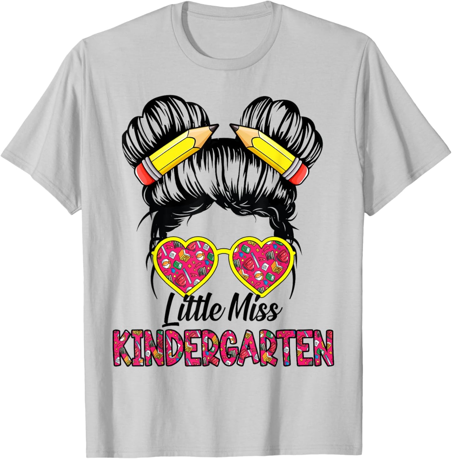 Little Miss Kindergarten Back To School Messy Bun Kids Girls T-Shirt - T-Shirt | Ash