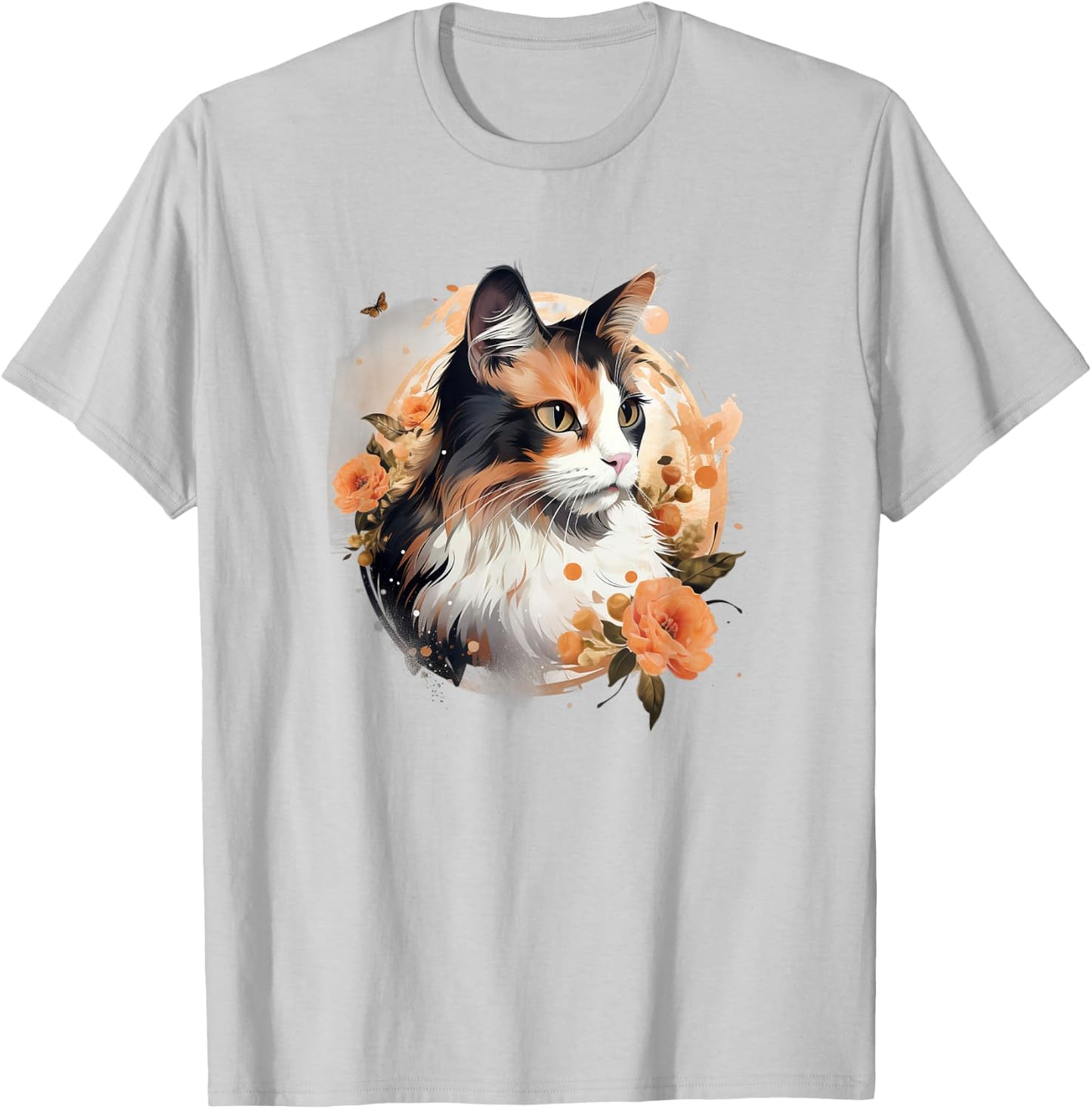 Girls Kids Floral Beautiful Flowers Calico Cat Lover T-Shirt - T-Shirt | Ash