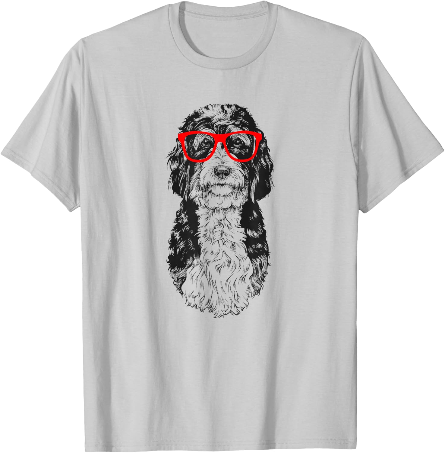 Bernedoodle in Red Glasses Nerd Doodle Dog T-Shirt - T-Shirt | Ash
