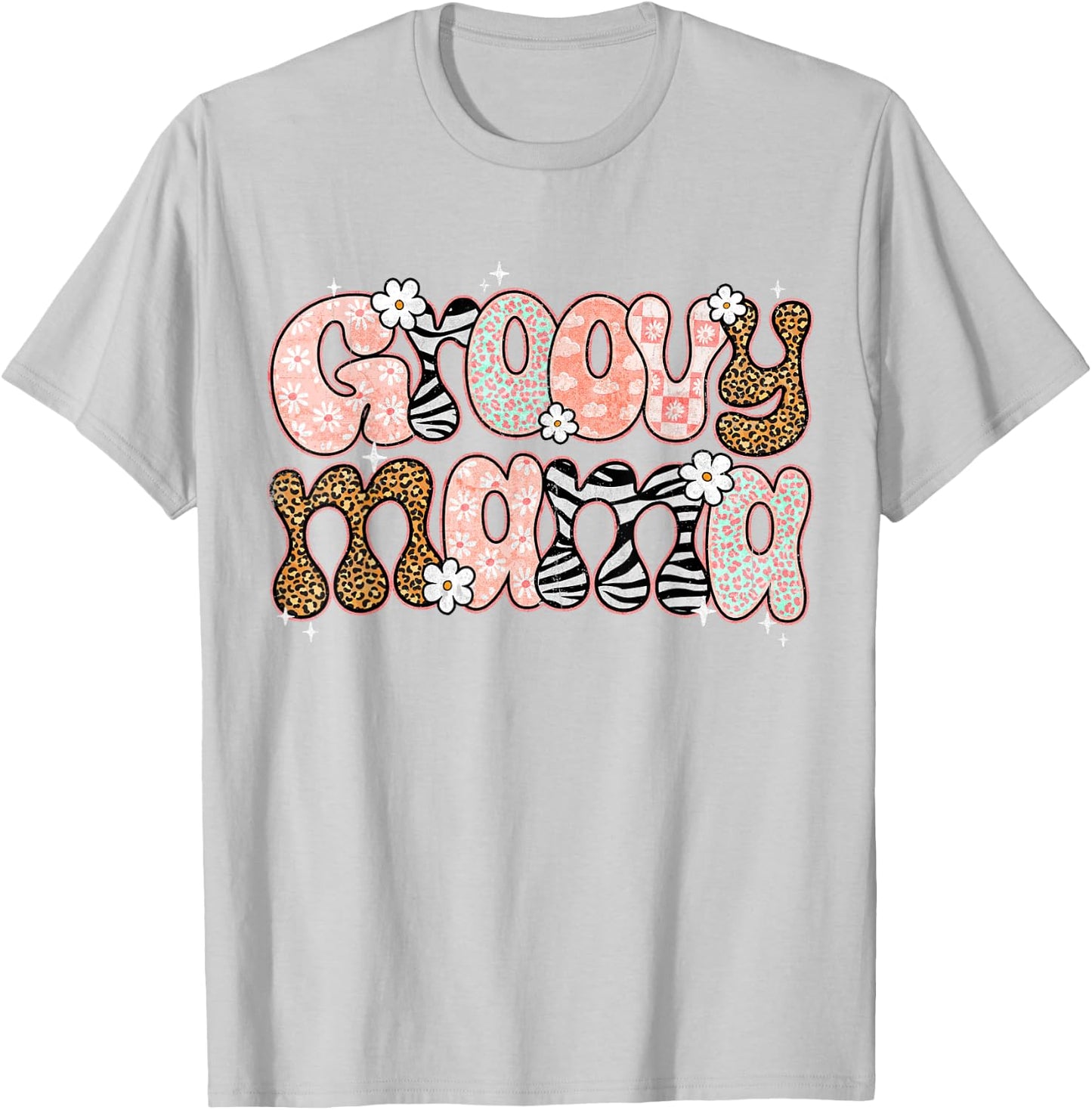 Groovy Mama Mommy Retro Floral Mom Life Leopard Maternity T-Shirt - T-Shirt | Ash