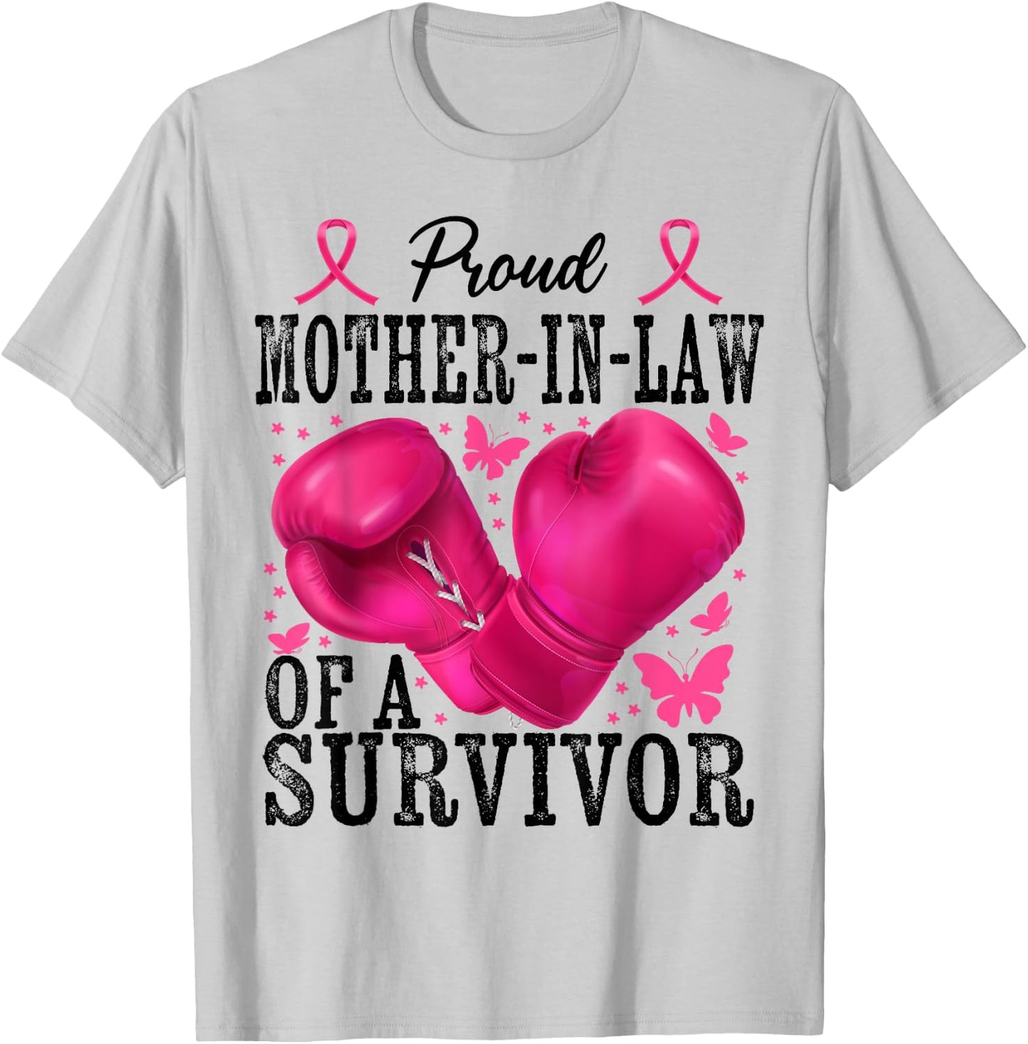 Proud Mother-in-law Of Survivor Breast Cancer Boxing Gloves T-Shirt - T-Shirt | Ash