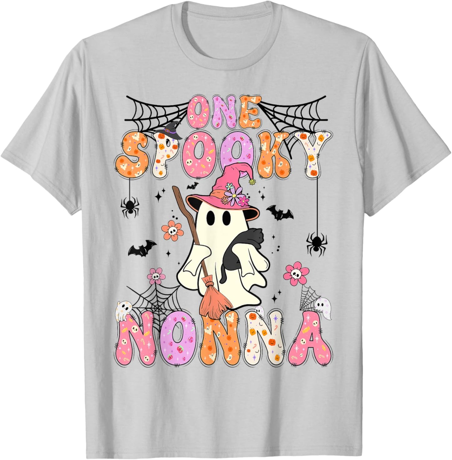 Groovy One Spooky Nonna Retro Halloween Cute Ghost T-Shirt - T-Shirt | Ash