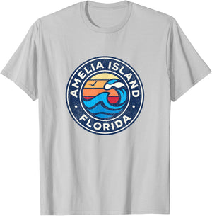 Amelia Island Florida FL Vintage Nautical Waves Design T-Shirt - T-Shirt | Ash
