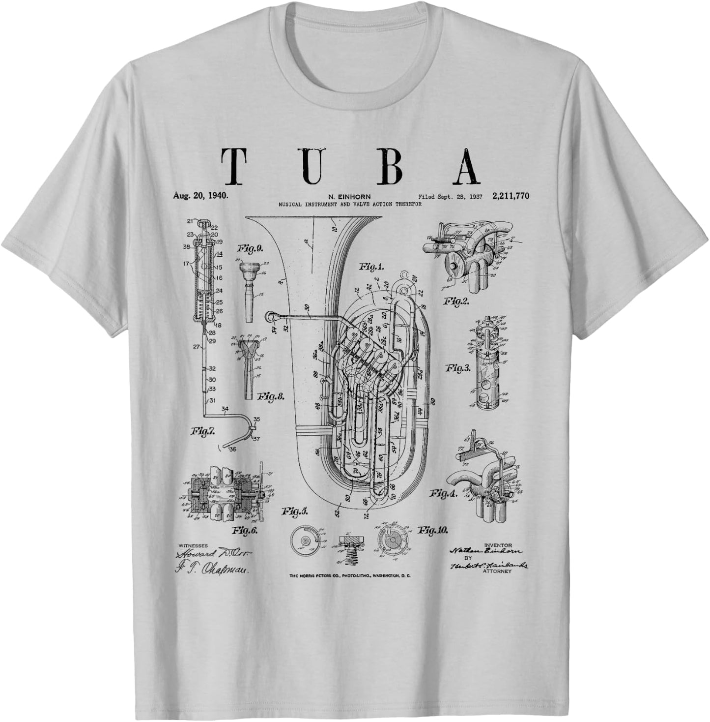 Tuba Vintage Patent Tubaist Tubist Drawing Print T-Shirt - T-Shirt | Ash