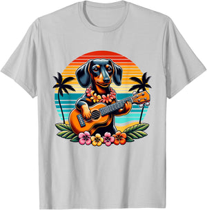 Cute dachshund Dog Playing Guitar Hawaiian Summer Wiener T-Shirt - T-Shirt | Ash