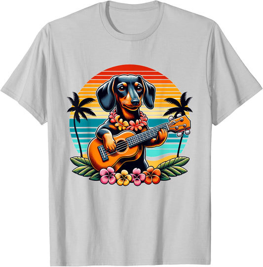 Cute dachshund Dog Playing Guitar Hawaiian Summer Wiener T-Shirt - T-Shirt | Ash