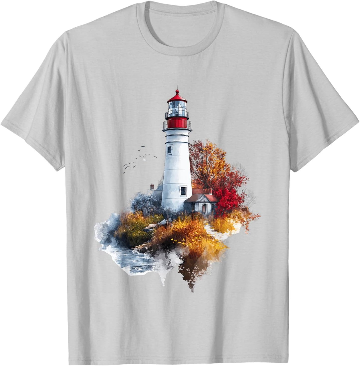 Scenic Lighthouse in Autumn Landscape T-Shirt - T-Shirt | Ash