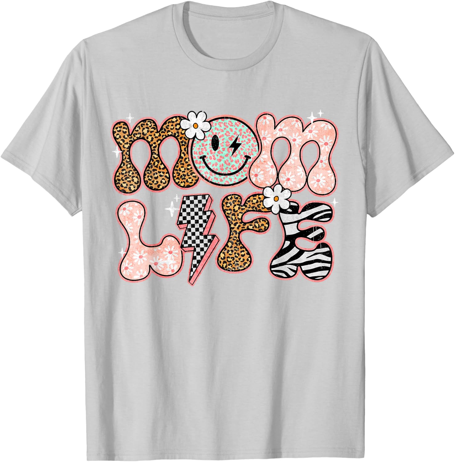 Mom Life Floral Groovy Smile Leopard Retro Mum Mum Mother T-Shirt - T-Shirt | Ash