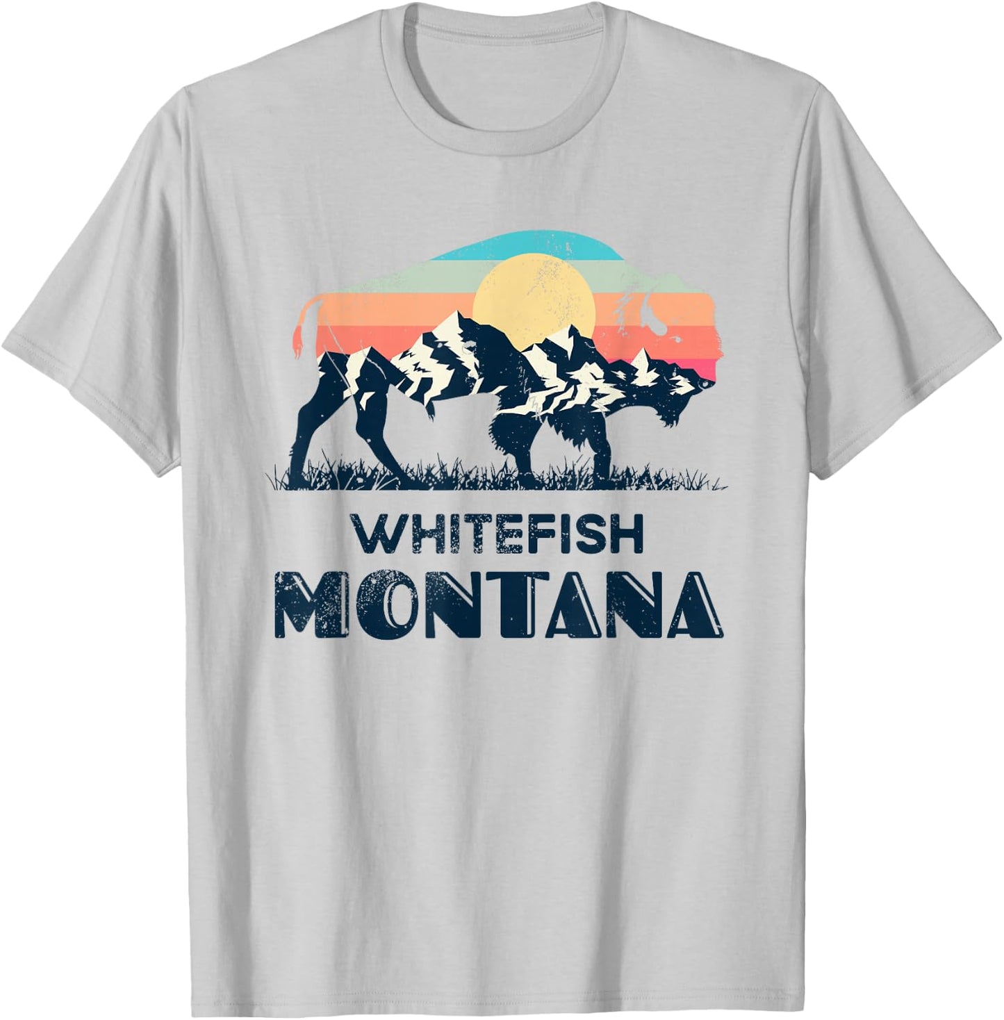 Whitefish Montana Vintage Hiking Bison Nature T-Shirt - T-Shirt | Ash