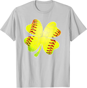 Funny Softball Shamrock St Patricks Day Softball Lover T-Shirt - T-Shirt | Ash