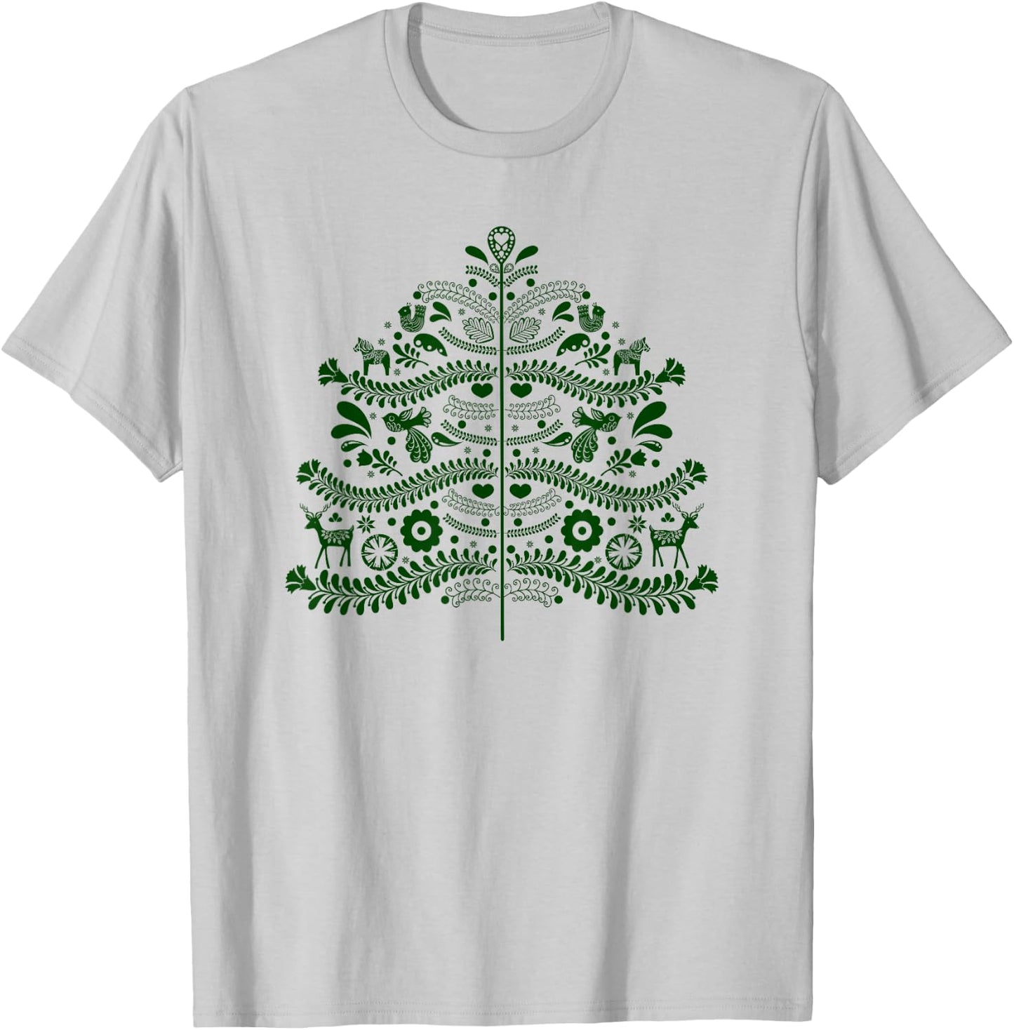 Green Scandinavian Folk Art Style Christmas Tree Design T-Shirt - T-Shirt | Ash