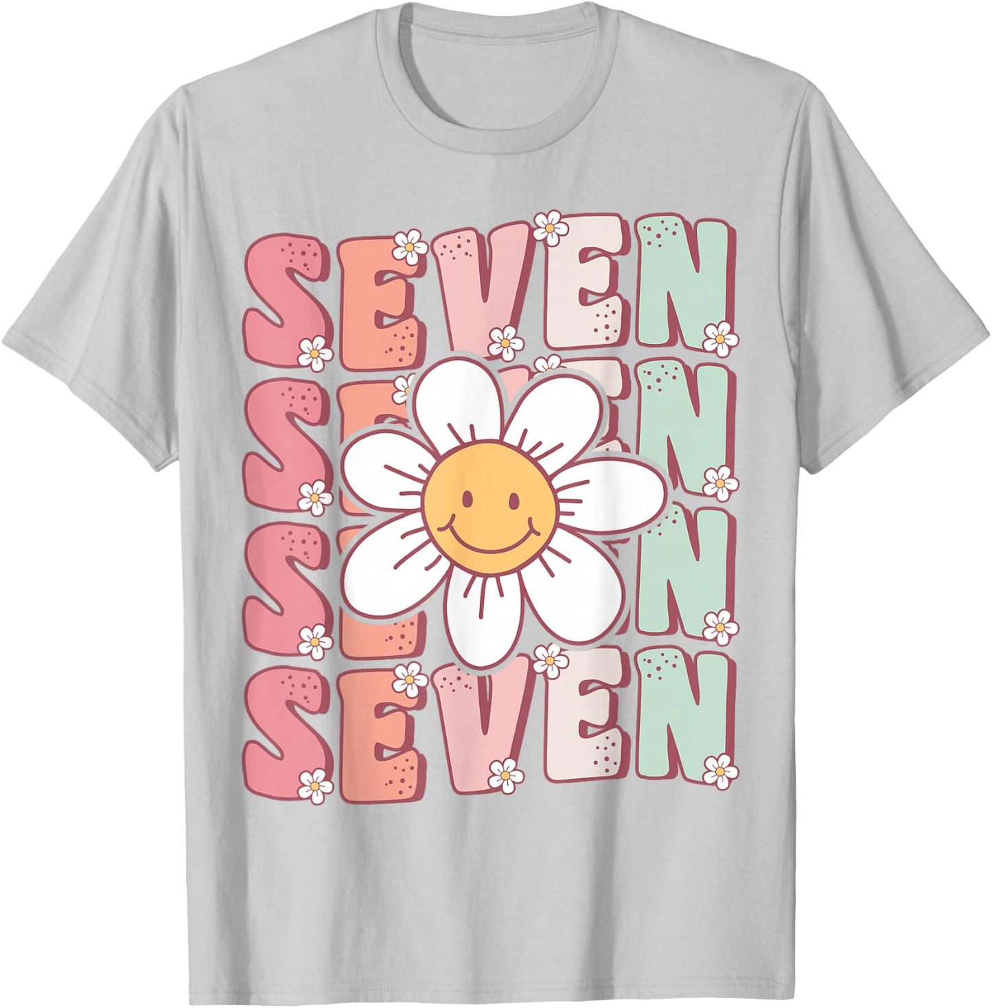 Cute Groovy 7th Birthday Party Daisy Flower Seven Year Old T-Shirt - T-Shirt | Ash