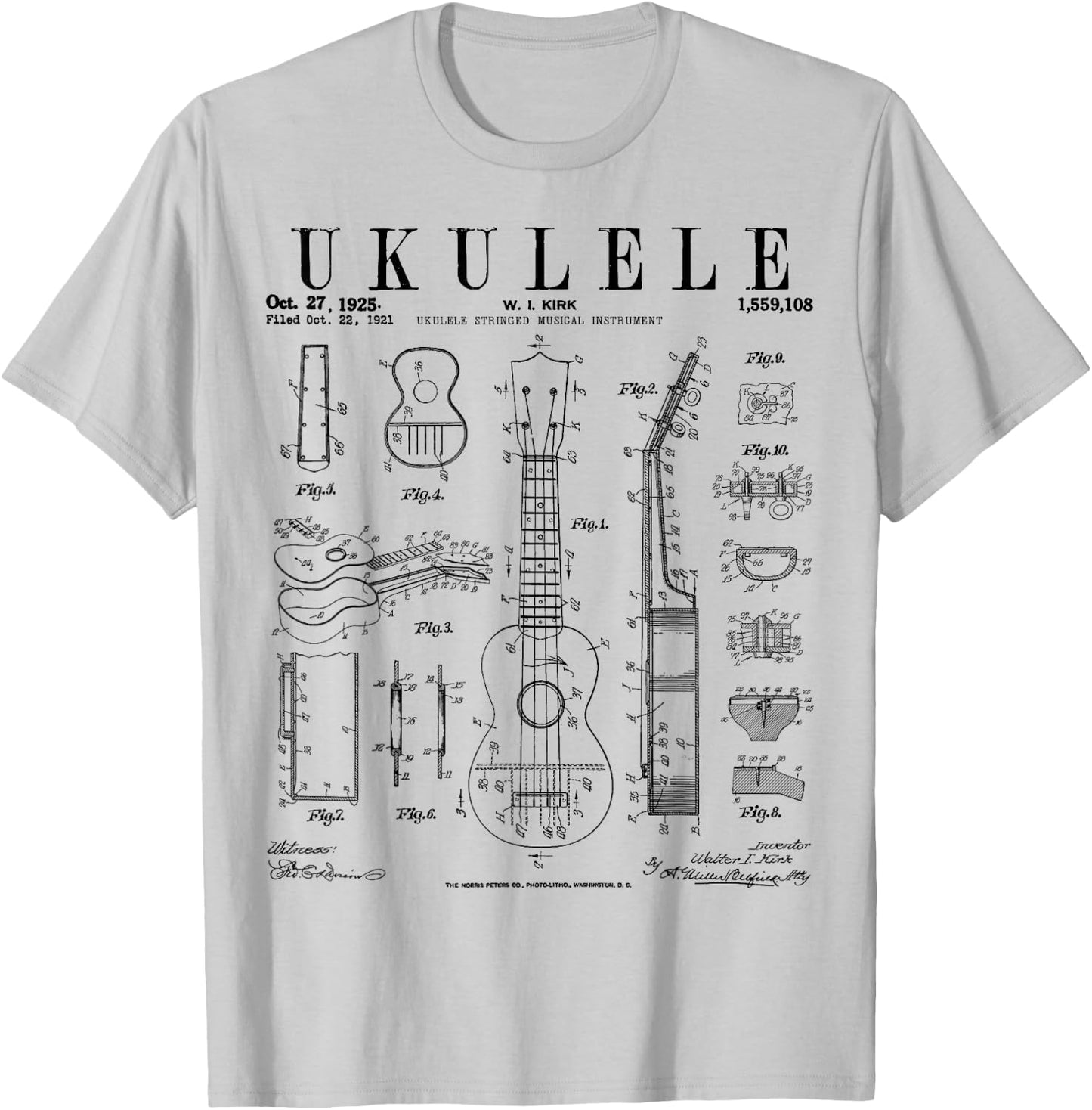 Ukulele Musical Instrument Uke Vintage Patent Drawing Print T-Shirt - T-Shirt | Ash