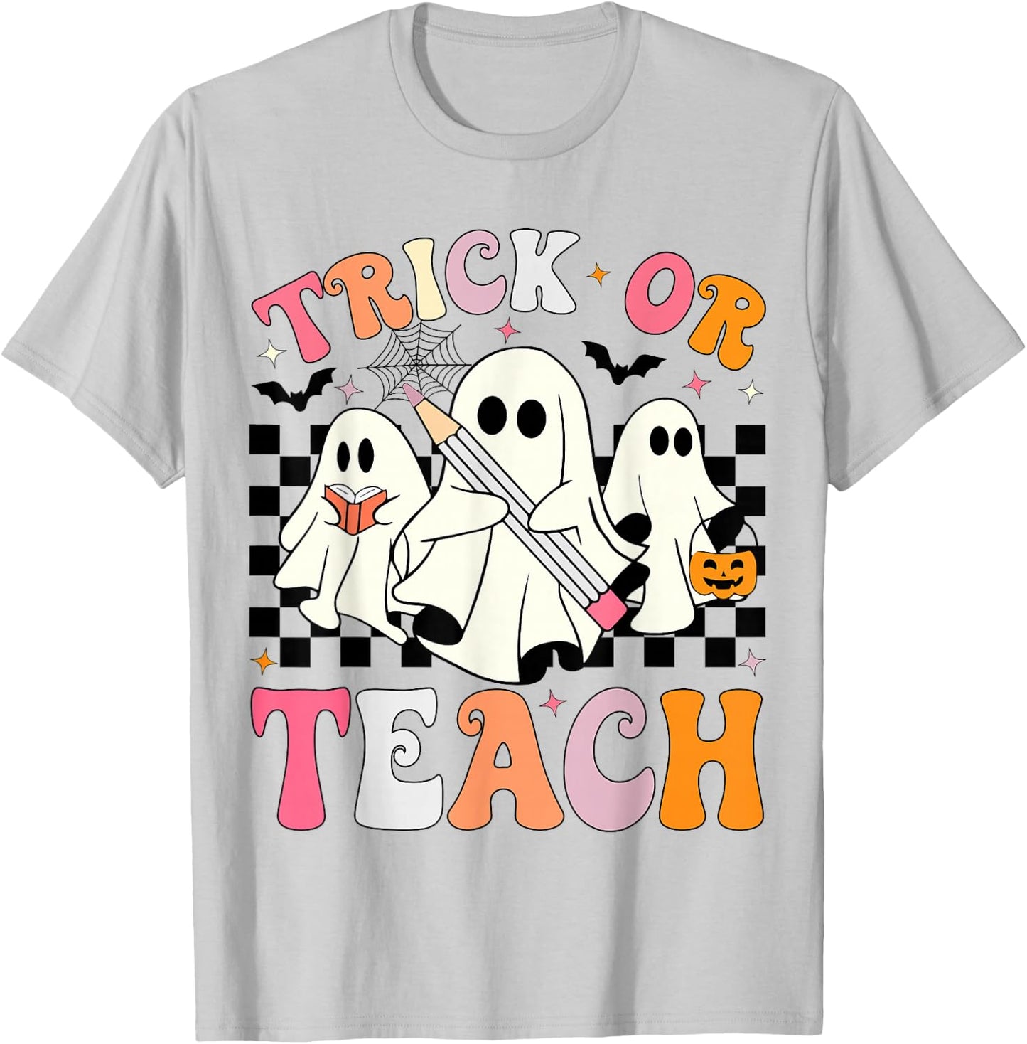 Trick or Teach Groovy Halloween Teacher Ghosts Retro Teacher T-Shirt - T-Shirt | Ash