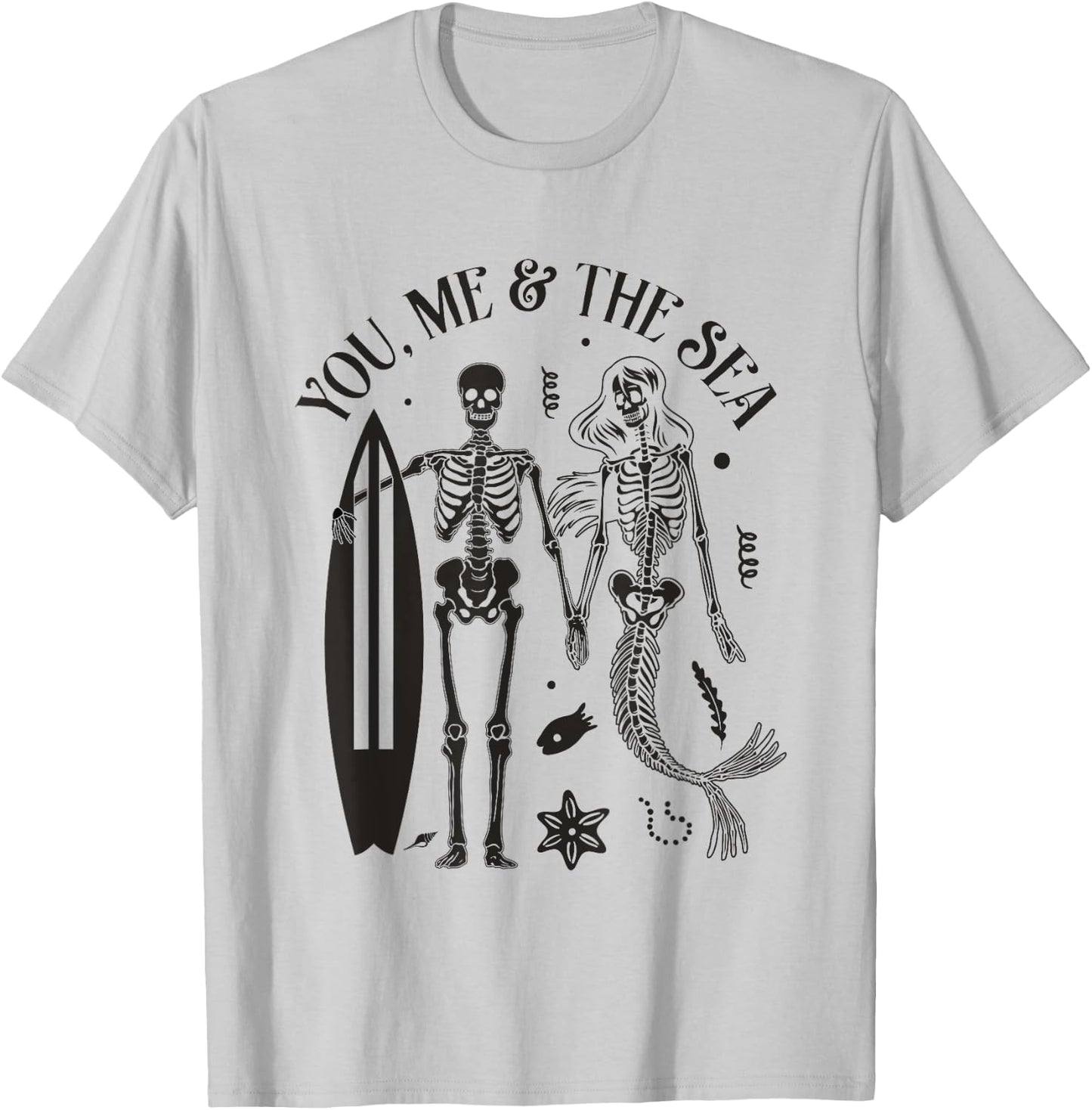 Mermaid Skeleton Couple Surfing Vintage Island Beach Surfer Women Girls Kids T-Shirt - T-Shirt | Ash