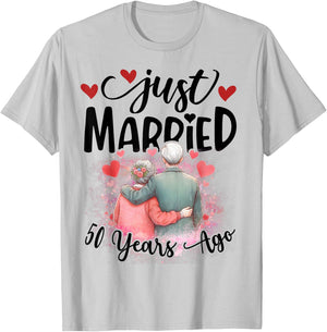 50th Wedding Anniversary Just Married 50 Years Ago Couple T-Shirt - T-Shirt | Ash