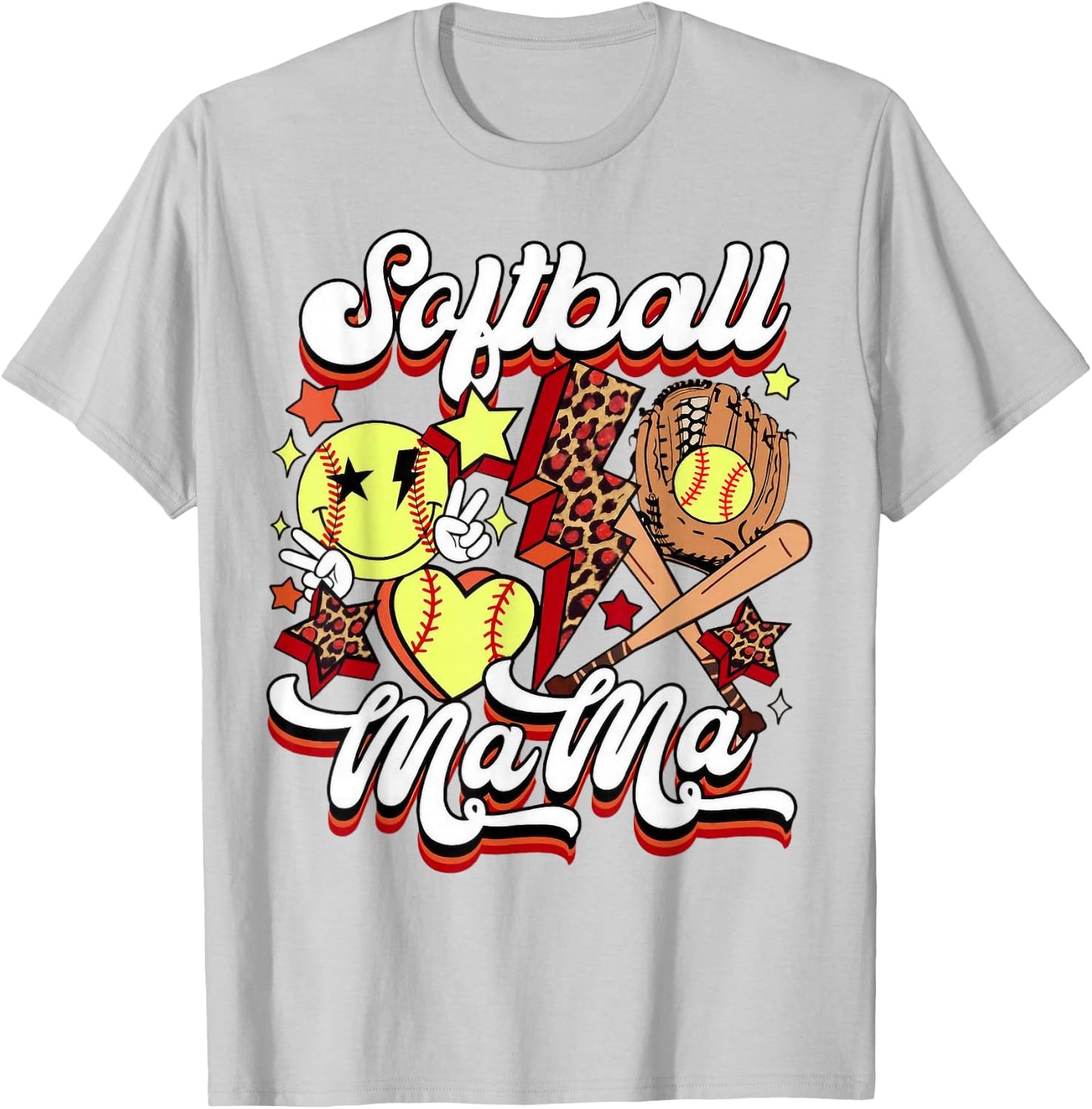 Retro Softball Mama Lightning Bolt Funny Mother's Day T-Shirt - T-Shirt | Ash