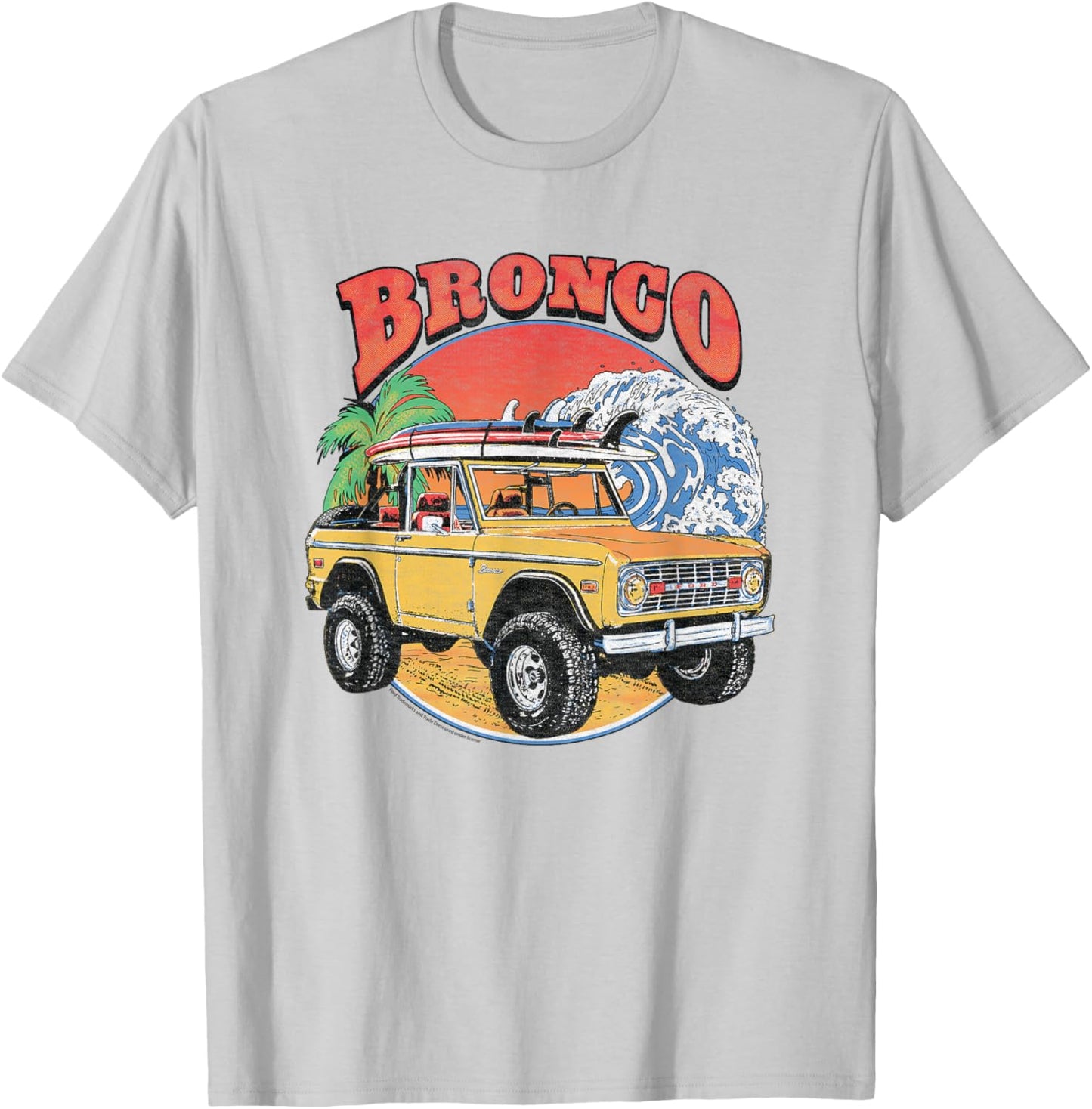 Ford - Yellow Bronco SUV Beach Surfboards And Ocean Wave T-Shirt - T-Shirt | Ash