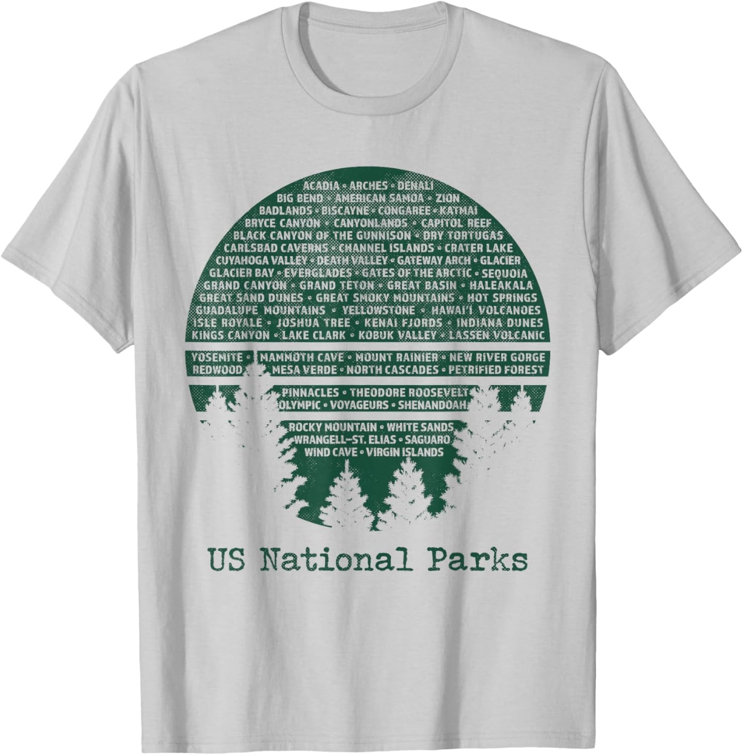 National Parks List USA Word Art Cloud Trees Camping Hiking T-Shirt - T-Shirt | Ash