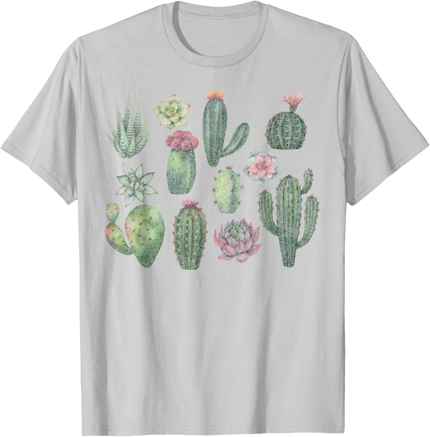 Trendy Watercolor Succulents Grid T-Shirt - T-Shirt | Ash