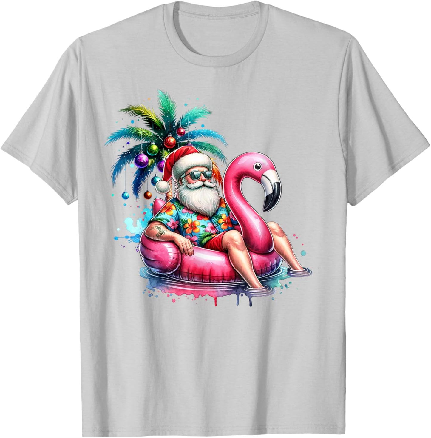 Hawaiian Shirt Santa Flamingo Palm Tree Christmas in July T-Shirt - T-Shirt | Ash