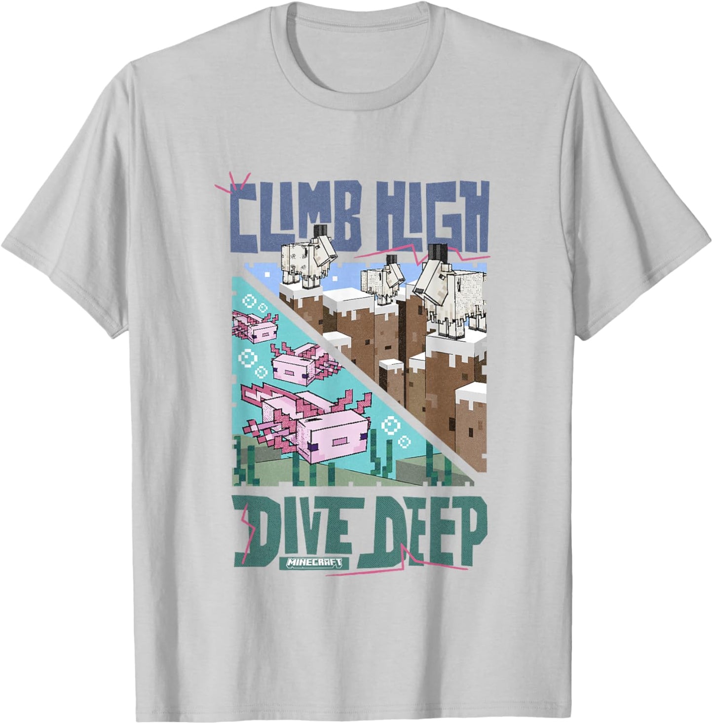 Minecraft Climb High Dive Deep Goats & Axolotls Panels T-Shirt - T-Shirt | Ash